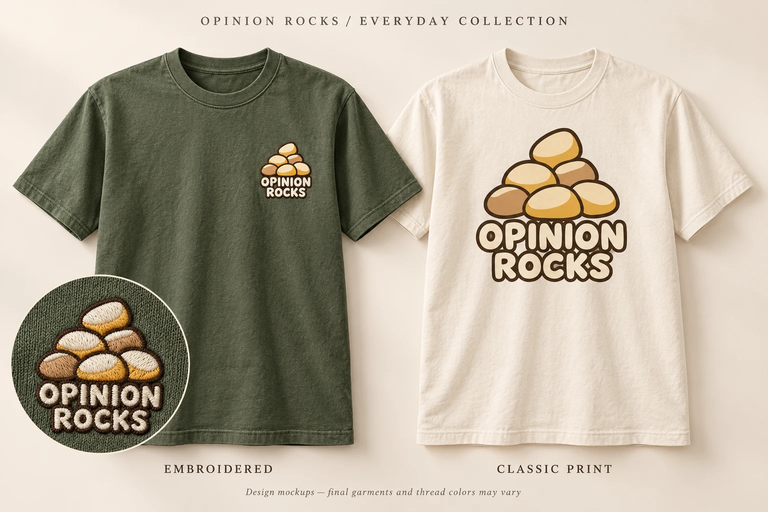 Illustrative Everyday Collection mockup: Moss shirt with a small left-chest logo and Natural shirt with a larger centered front print