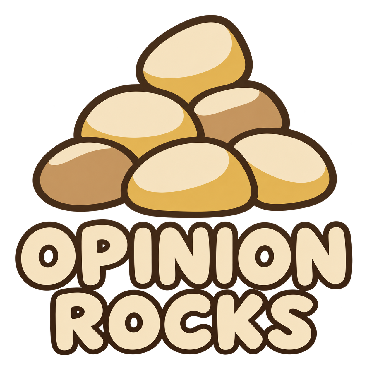 Six-stone Opinion Rocks cairn and wordmark on the illustrative Natural shirt